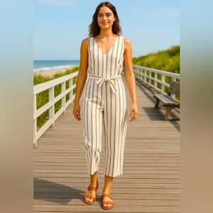 Madewell Striped Sleeveless Jumpsuit Size Large Tie Waist V-Neck Wide Leg